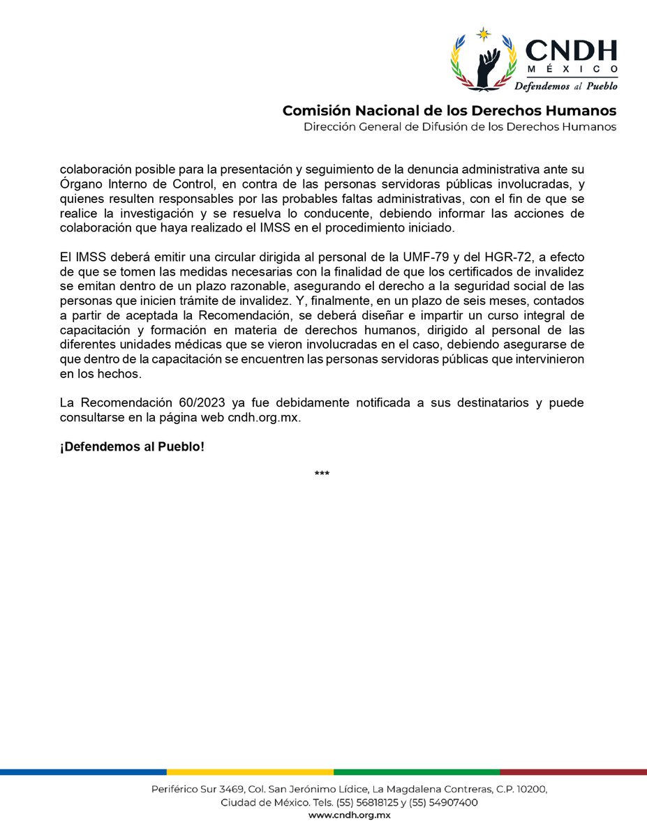 Por las omisiones, inadecuada atención y dilación en el trámite de #Pensión por invalidez para una persona derechohabiente, emitimos la #Recomendación 60/2023 al @Tu_IMSS.

📃 bit.ly/R602023

#DefendemosAlPueblo