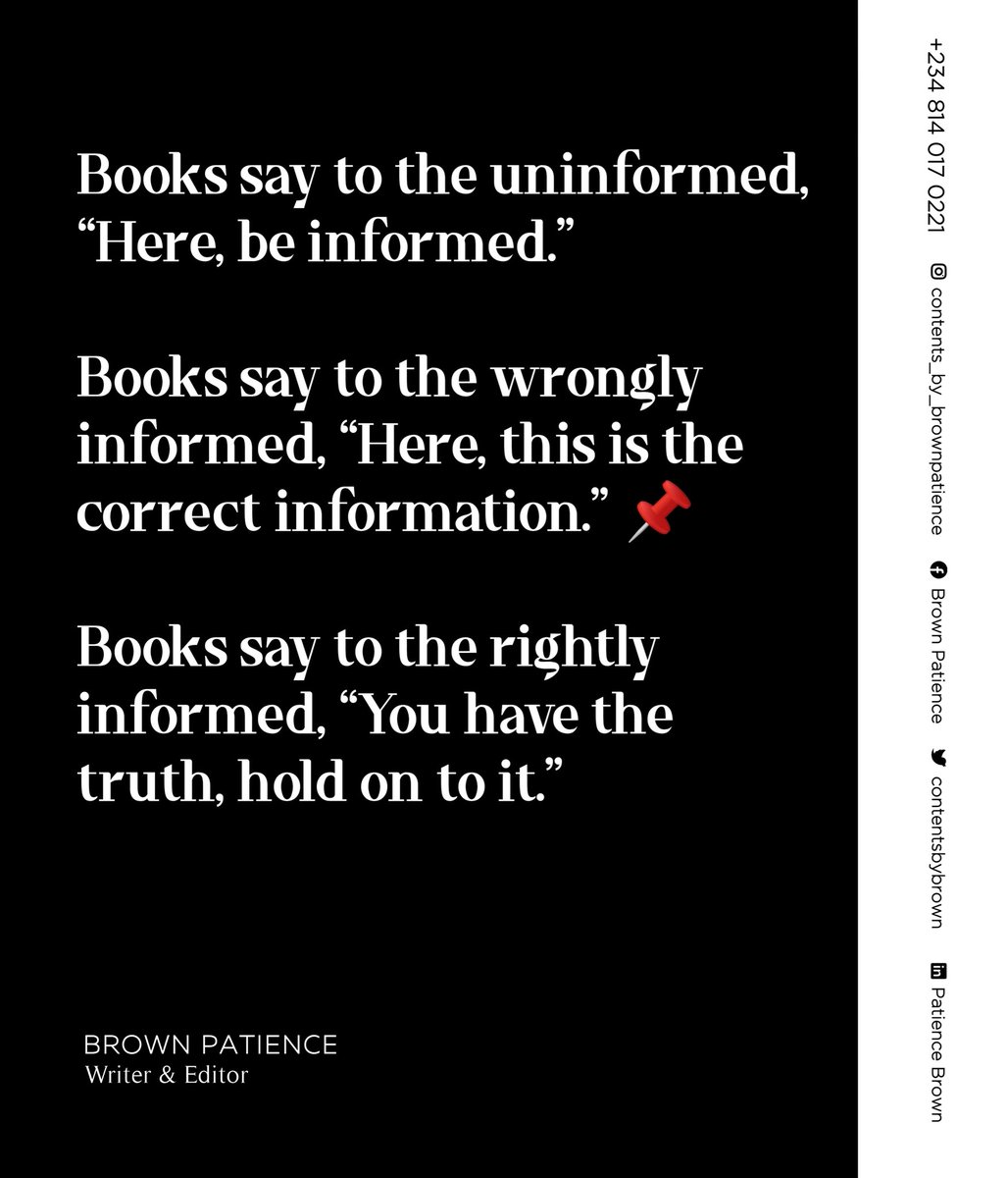 ContentsbyBrown's tweet photo. Write that book. Print many copies.
.
.
.
#writingandeditingwithbrownpatience #brownpatience #findaneditor #editorsinlagos #editorsinnigeria #bookeditor #editor #ghostwriter #ghostwritersinlagos #writethatbook #ghostwritersinnigeria #ghostwriters #writingcommunity https://t.co/bIZqrVq7tp