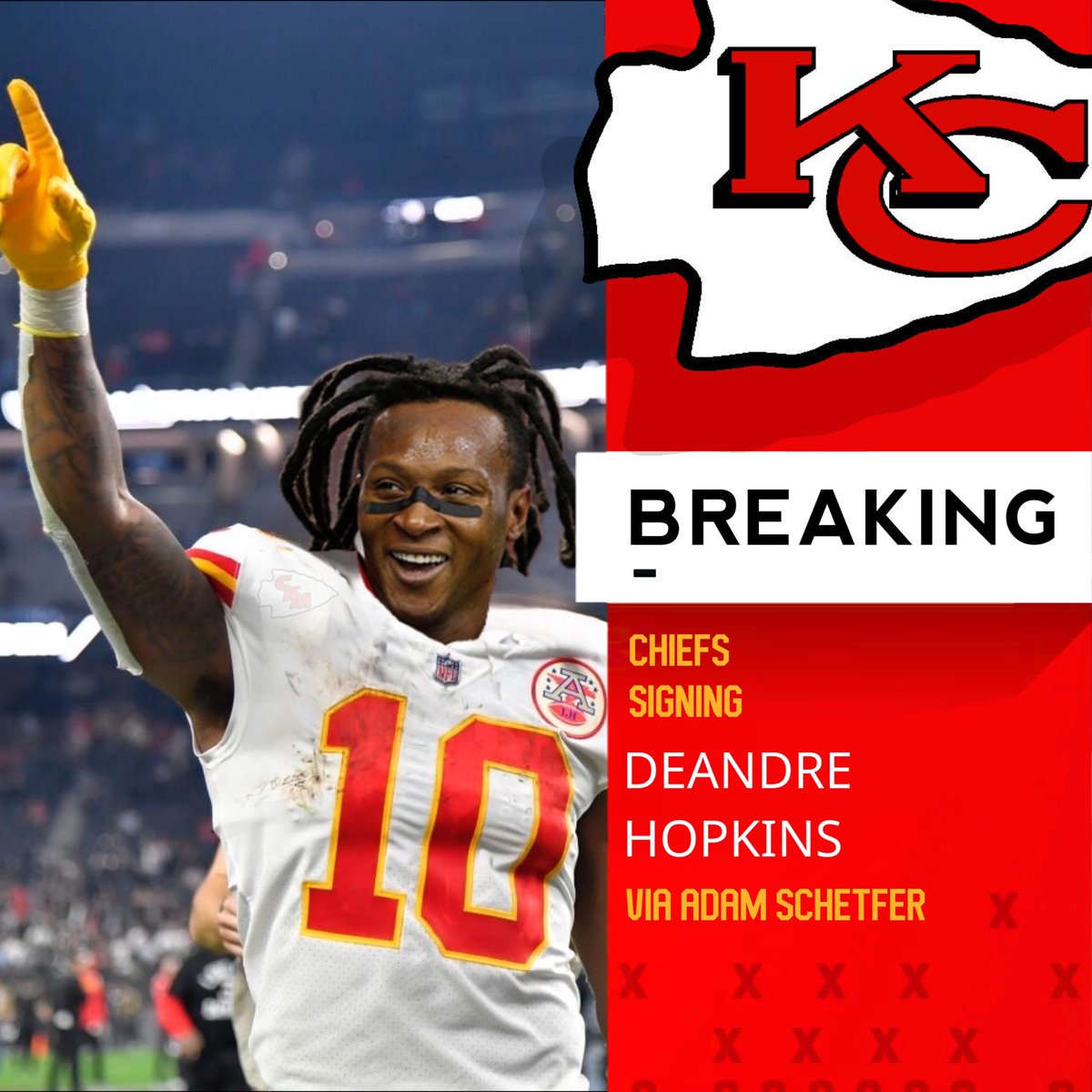 BREAKING: The Kansas City Chiefs have signed 5-time Pro Bowler DeAndre Hopkins to a 2-year, $57M ($43M guaranteed) contract. Hopkins was also given 5 $100 gift cards to the Cheesecake Factory as a signing bonus. Confirmed via Adam Schetfer.
