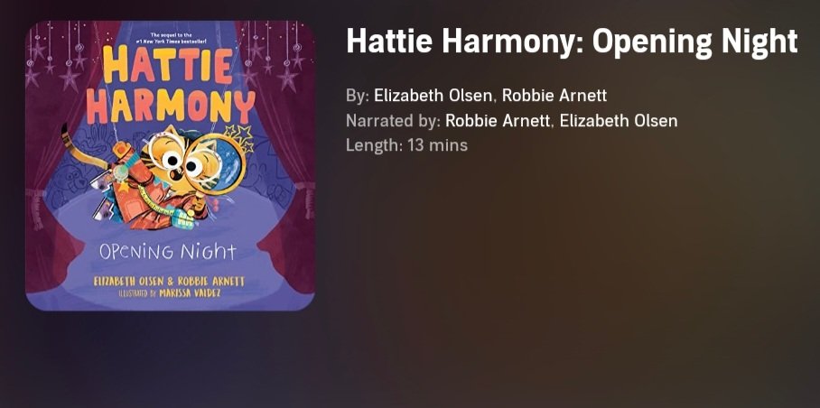 Elizabeth Olsen and Robbie Arnett are once again narrating their book 'Hattie Harmony: Opening Night' 

It will be available to purchase and listen to on Audible or wherever you buy your audiobooks! 

The book releases in 2 weeks you can preorder here: linktr.ee/hattieharmony?…