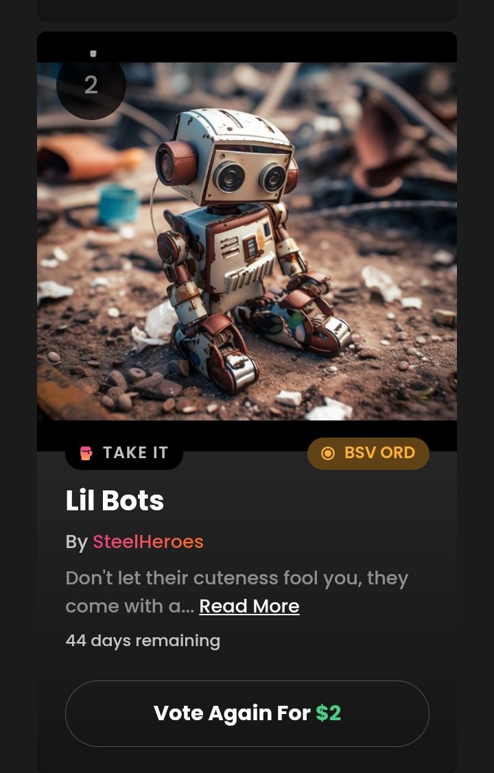 PewPew alert 🚨

Vote for Lil Bots on <a href="/TakeItNFT/">Take It</a> and win

🤖 Follow, RT and Like
🤖 Vote for Lil Bots
🤖 Comment handle and screenshot of the vote

Lets effing go 🚀

#NFT 
#TakeIt 
#Bitcoin