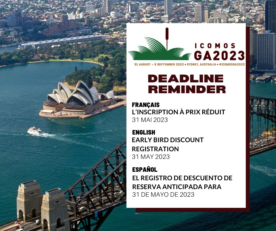 Icomos_GA2023's tweet photo. Discount Registrations Closing!
Early Bird discount registration for GA2023 closes on 31 May 2023 so make sure you review the full program and secure these special rates!
➡ https://t.co/JeOHvw6EbG
#SeeYouAtGA2023 #ICOMOS #ICOMOSGA2023 #HeritageChanges #GA2023 https://t.co/risDbfDKjR