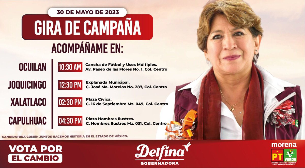 Mañana estaremos en #Ocuilan, #Joquicingo, #Xalatlaco y #Capulhuac para presentar nuestras propuestas del cambio verdadero, logrando el objetivo de recorrer los 125 municipios en esta campaña. ¡Allá nos vemos!

#DelfinaGobernadora #VotaPorElCambio