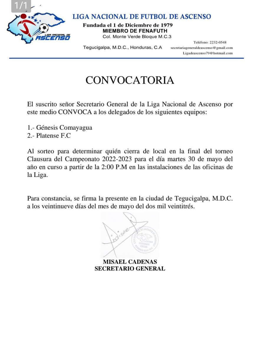 🚨 Convocatoria 🚨

Para los clubes finalistas 

@GenesisCFC2018 
<a href="/PlatenseFClub/">Platense F.C.</a> 

Para realizar el sorteo para determinar la localia de la final del Clausura 2023.