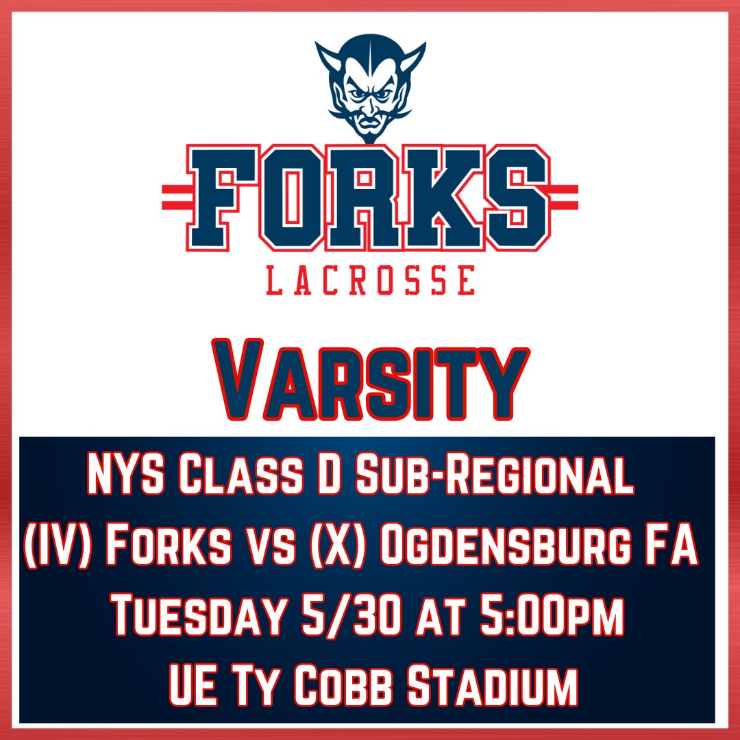 ForksLax's tweet image. #ForksLax vs Ogdensburg in the @nysphsaa #ClassD #SubRegional 

Purchase Tickets here:

gofan.co/app/events/100…

Please check back for any available streaming information