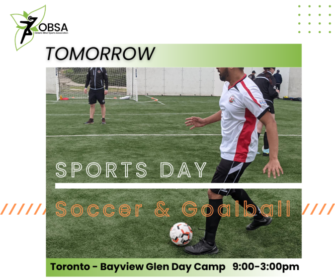 BlindSports's tweet photo. ⏰ Tomorrow's the day! Join us at Bayview Glen Day Camp for a unique OBSA event. We'll be introducing Goalball and Blind Soccer - sports that challenge and develop your communication, trust, and teamwork skills. Don't miss out! #OBSA #blindsports #blindsoccer #goalball #Tomorrow https://t.co/LFaJg87zGd