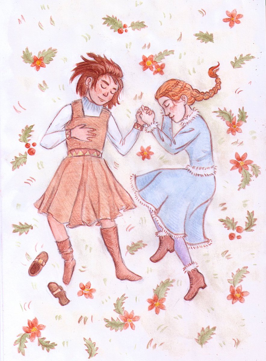 “The heart tree there was a great oak, its ancient limbs  overgrown with smokeberry vines; they knelt before it to offer their thanksgiving... Sansa drifted to sleep as  the moon rose, Arya several hours later, curling up in the grass  under Ned’s cloak.”

art by nalustrepalustre