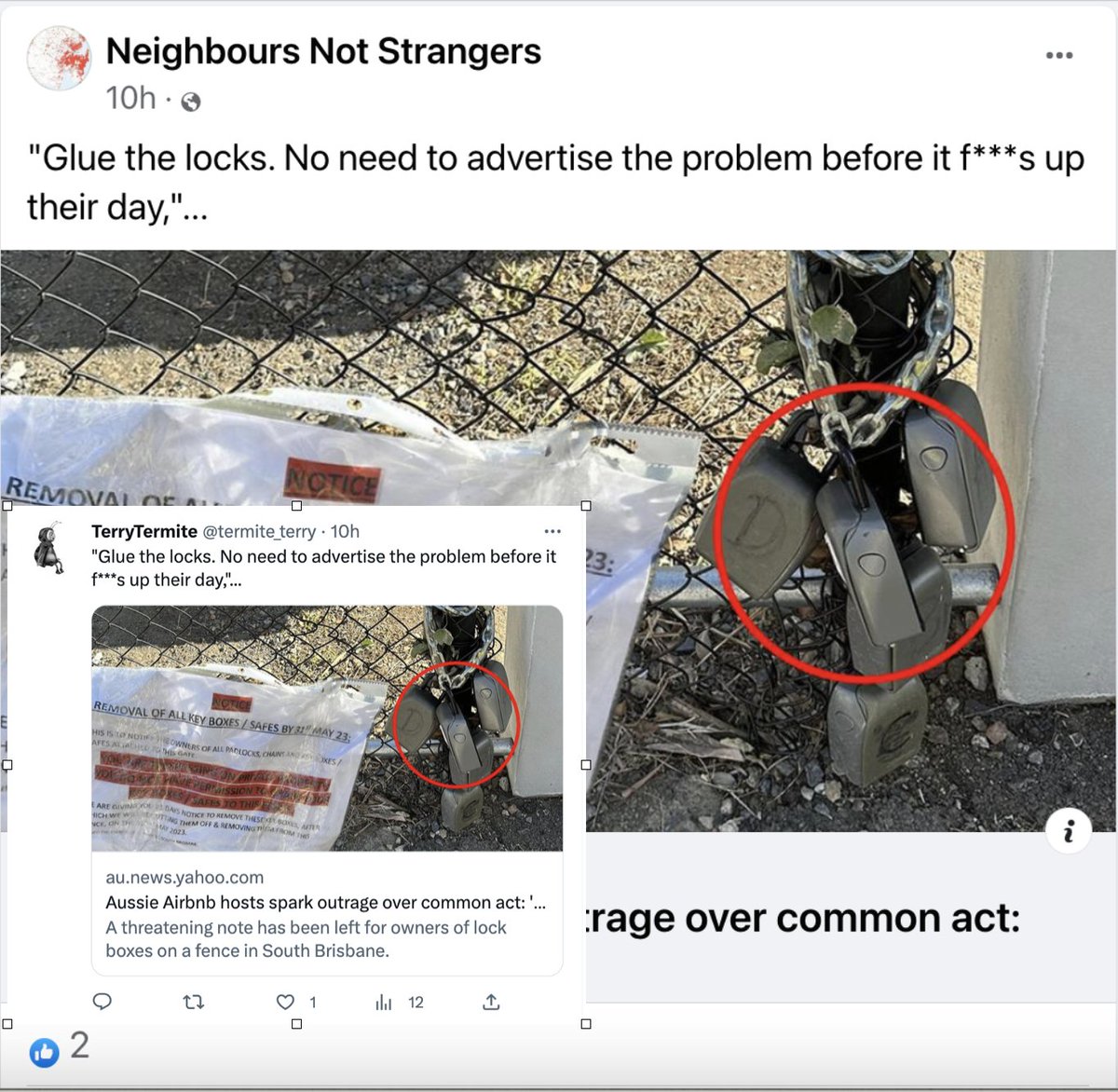 SupportSTRs's tweet photo. This is NOT advocacy or activism. This is pure vandalism.
Promoting "Glue the Locks"
This is the extremist group @termite_terry from #NeighboursNotStrangers
@RoseBJackson @johaylen @ChrisMinnsMP https://t.co/qqGMzF92ce
