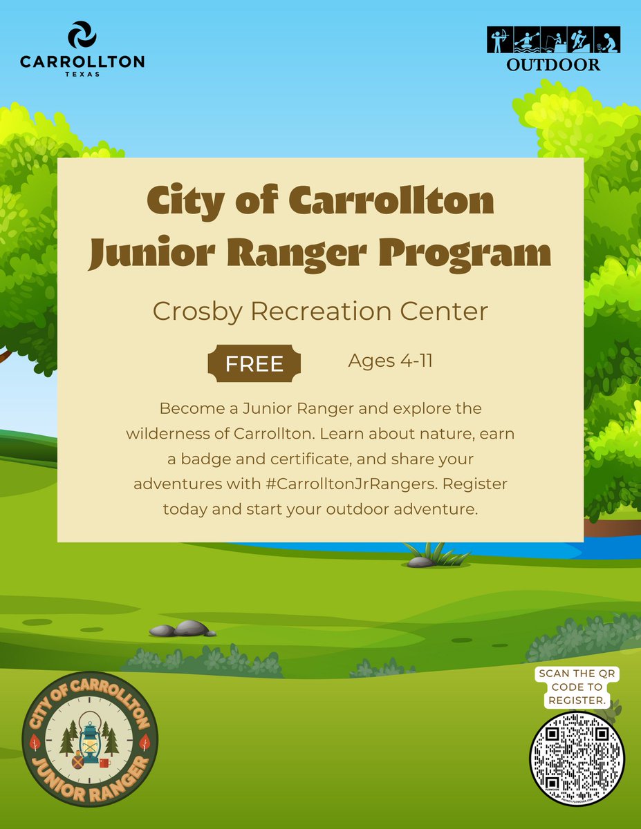 CarrolltonParks's tweet image. Calling all kids aged 4-11 🚨🚨.   Become a Junior Ranger and explore the wilderness of Carrollton. Learn about nature, earn a badge and certificate, and share your adventure with #CarrolltonJrRangers. Register today and start your outdoor adventure! #JuniorRanger #CarrolltonTX