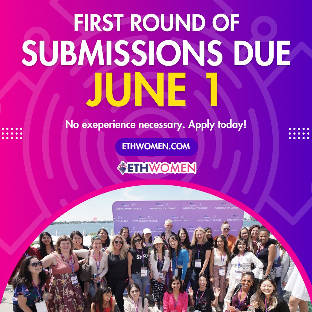 🔔 REMINDER 🔔

The first round of submissions for #ETHWomen is closing on June 1st 🗓️

So many ways to join for free!! 
Sign up here ➡️ ethwomen.com
#WomenInCrypto #Hackathon #WomenInTech