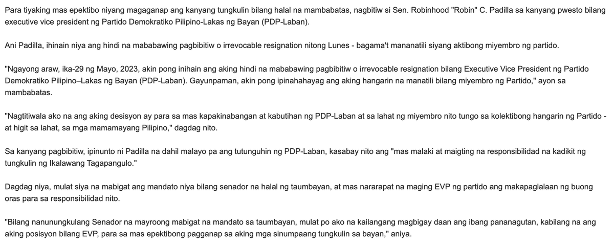 JUST IN: Sen. Robin Padilla resigns as Executive Vice President of the PDP - Laban so he "can concentrate on fulfilling his duties as senator." 

Padilla says, however, that he will remain a member of the party. | @BPinlacINQ
