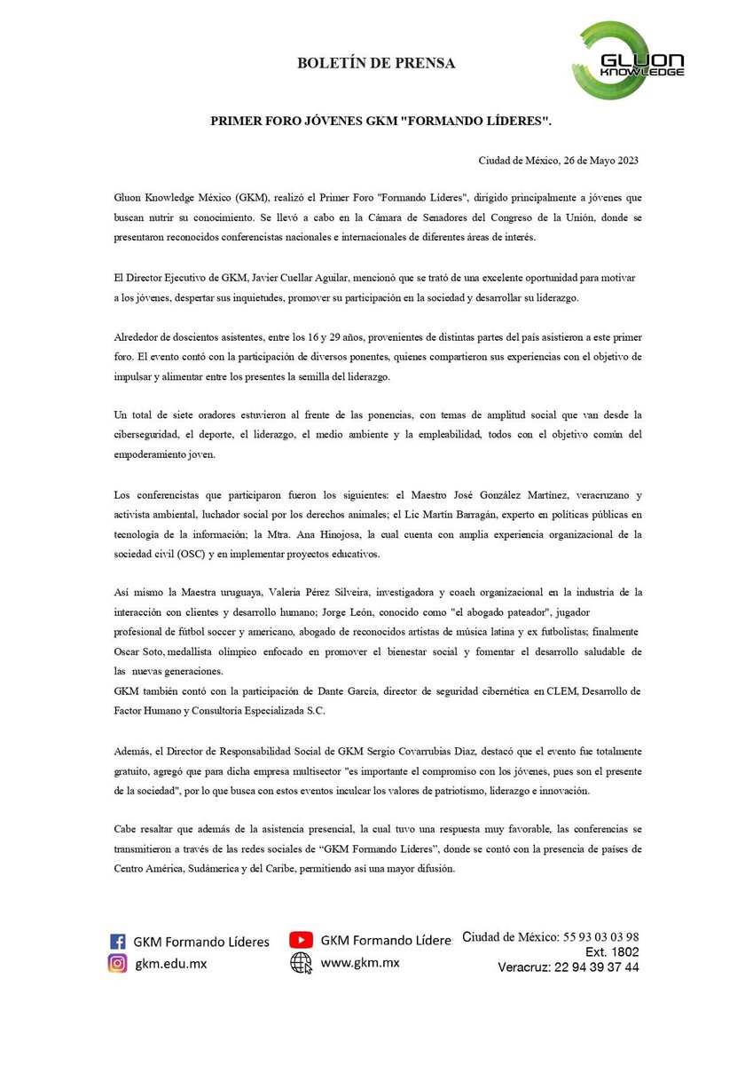 jpepever's tweet photo. GKM Formando Líderes Da a conocer el boletín de prensa del primer foro de jóvenes
"Formando líderes  " https://t.co/L3L26VUB0a
