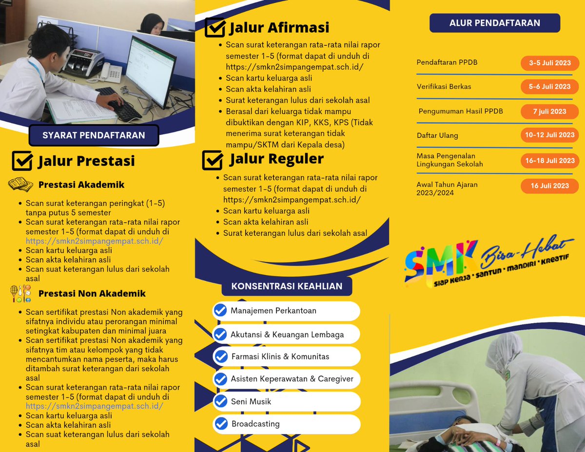 SmkdaSipatt's tweet photo. PPDB (Penerimaan Peserta Didik Baru) Tahun Pelajaran 2023/2024, SMKN 2 Simpang Empat, Tanah Bumbu, Kalimantan Selantan. 
- Pendaftaran : 03 s.d. 05 Juli 2023
- Verifikasi Berkas : 05 s.d. 06 Juli 2023
- Pengumuman : 07 Juli 2023
- Daftar Ulang (Registrasi) : 10 s.d. 12 Juli 2023 https://t.co/jtUsBMLL2C