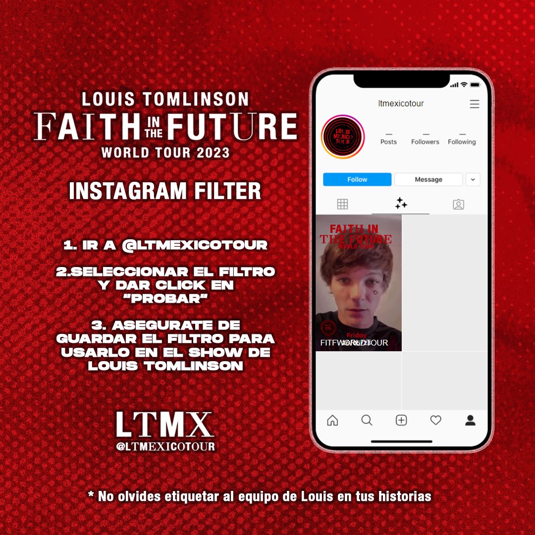 FAITH IN THE FUTURE WORLD TOUR INSTAGRAM FILTER! 
– Don’t forget to save the new #FITFWORLDTOUR filter to use it on your <a href="/Louis_Tomlinson/">Louis Tomlinson</a> show! ◟̽◞̽
🔗 instagram.com/ar/28410994404…