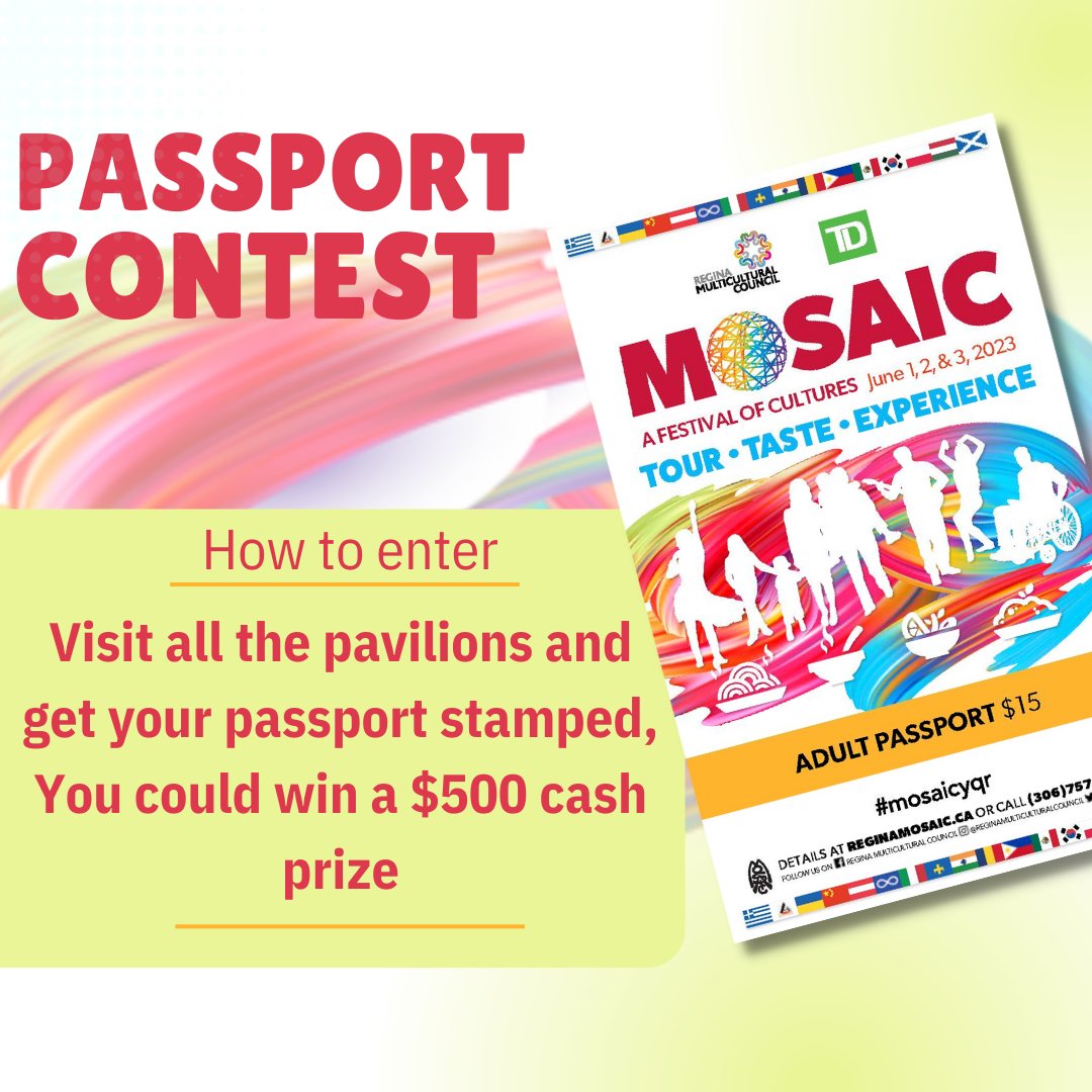Experience the chance to claim a $500 cash prize!

Tour ALL the pavilions and collect the stamps in your passport. 

By completing this, you will be eligible for an entry into the captivating draw, where you could emerge as the winner of $500!

#yqr #mosaicyqr2023 #mosaicyqr