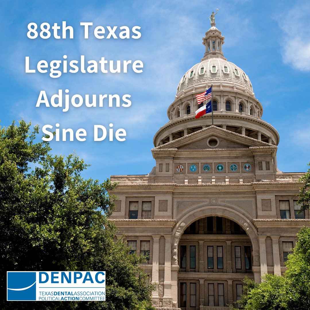 tdaDENPAC's tweet photo. 140 days after it began, the 88th Session of the Texas Legislature adjourned Sine Die (Latin for “without day,” meaning the legislature won’t convene again until the 89th Session in 2025, unless called into a Special Session by the Governor). #txlege @theTDA https://t.co/ucJ20Ci68e