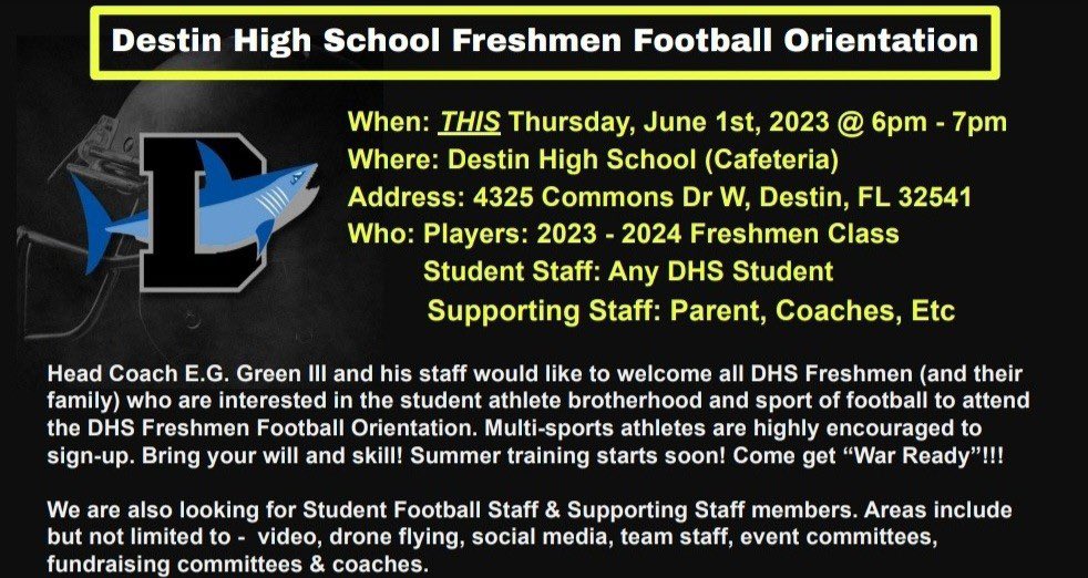 DHSsharks_FB's tweet image. 💥Attention all upcoming freshman who are interested in playing Shark football!!! 💥 @godestinsharks  @DestinHS