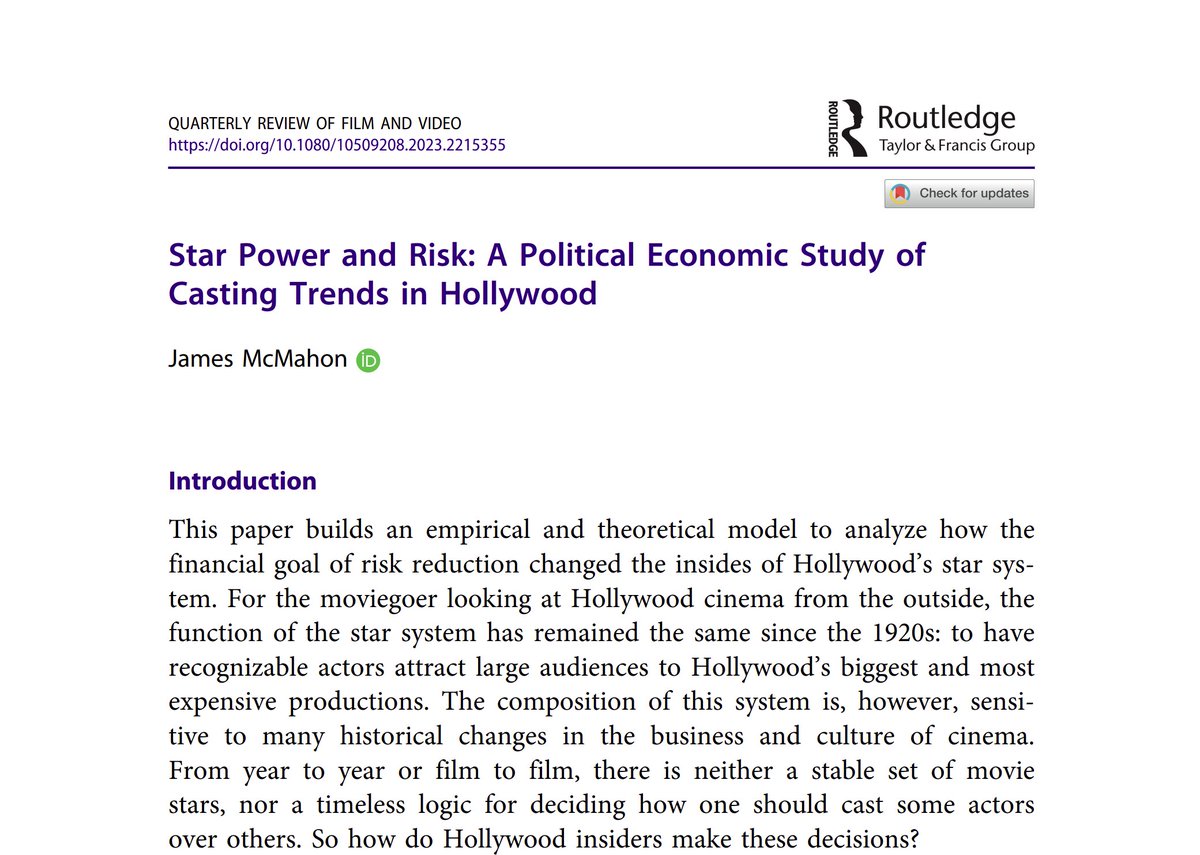 Bichler & Nitzan (@bichlernitzan) on Twitter photo A superb new paper from the ever-innovative James McMahon <a href="/notes_on_cinema/">James McMahon</a>.
Hollywood's is all about differential risk reduction.
tandfonline.com/doi/full/10.10… A superb new paper from the ever-innovative James McMahon <a href="/notes_on_cinema/">James McMahon</a>.
Hollywood's is all about differential risk reduction.
tandfonline.com/doi/full/10.10…