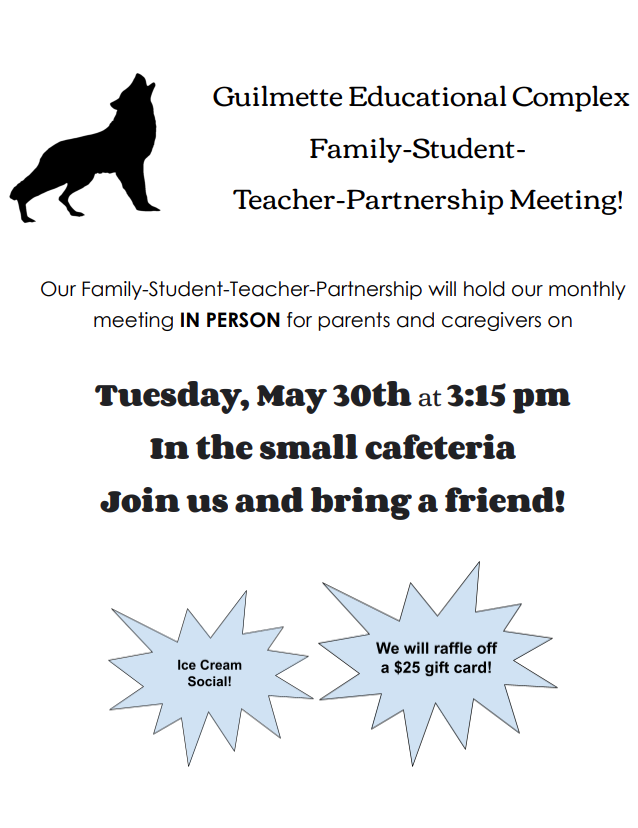 MiddleGuilmette's tweet photo. Good evening Guilmette families, 
We hope you have had a restful 3-day weekend! Our next FSTP meeting is happening TOMORROW, May 30th at 3:15 in the small cafeteria. There will be ice cream, so feel free to bring a friend to share in these sweet treats! We hope to see you there! https://t.co/GCdCLlTyqN