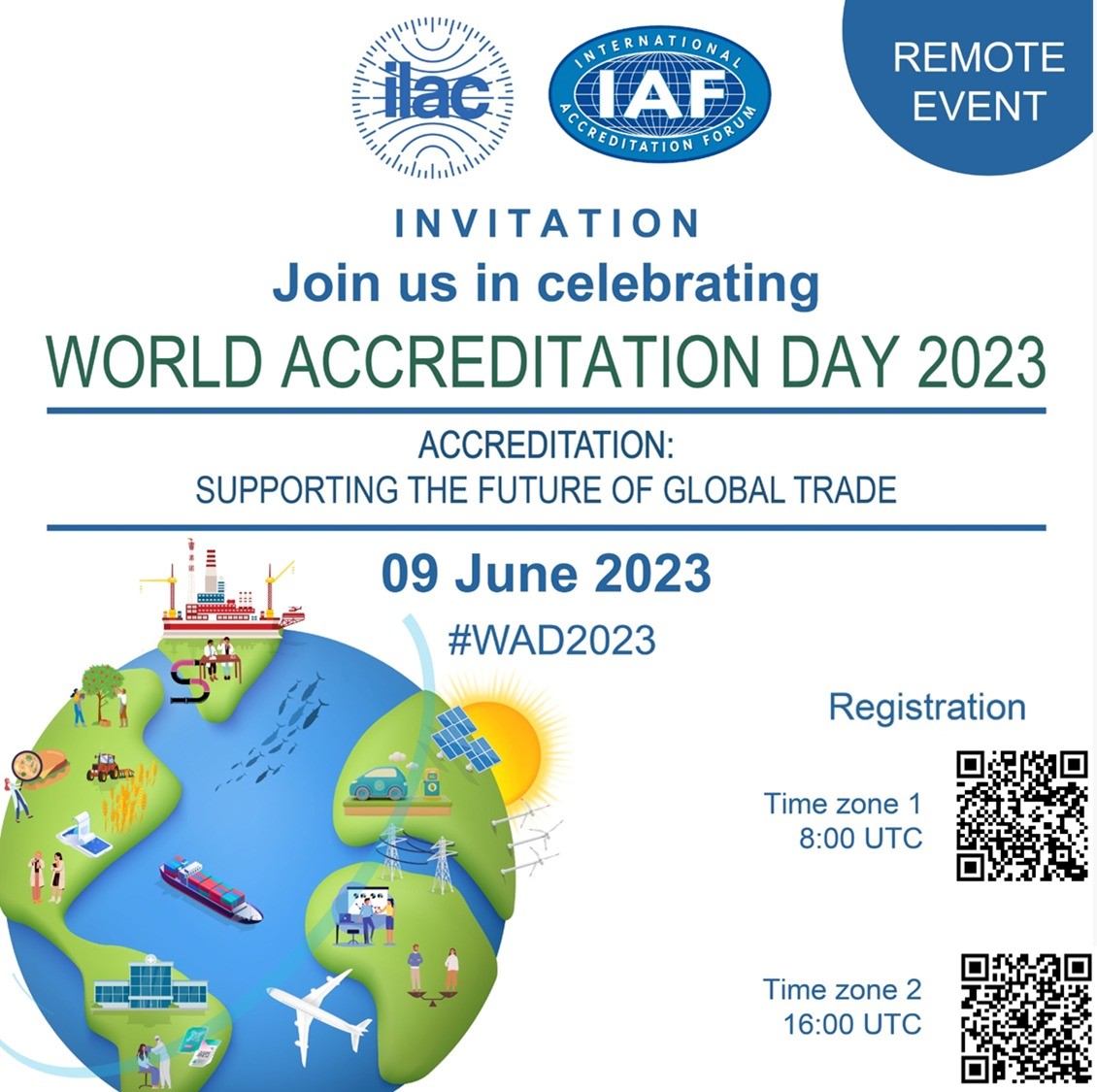 @ILAC_Official and @IAF_Global are holding an online event for #WAD2023! Register using the links or QR codes below to join us on 09 June⬇️

Time Zone 1 (8:00 UTC)

us02web.zoom.us/j/84902434372?…

Time Zone 2 (16:00 UTC)
us02web.zoom.us/j/87964483670?…