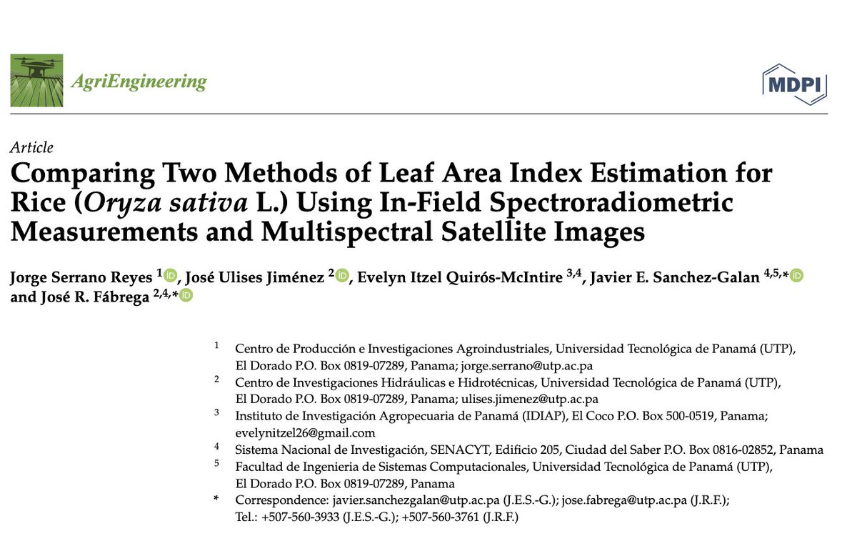 Nueva publicación! sobre teledetección del índice de área foliar en cultivos de arroz  #rice crops #spectroscopy and #satelliteimages in #Panama  gracias al equipo @cihhutp  @utpfisc @CepiaUtp @IDIAP_PA @fim_utp @UTPInvestiga Funds: @SNI_Panama @senacyt  mdpi.com/2624-7402/5/2/…