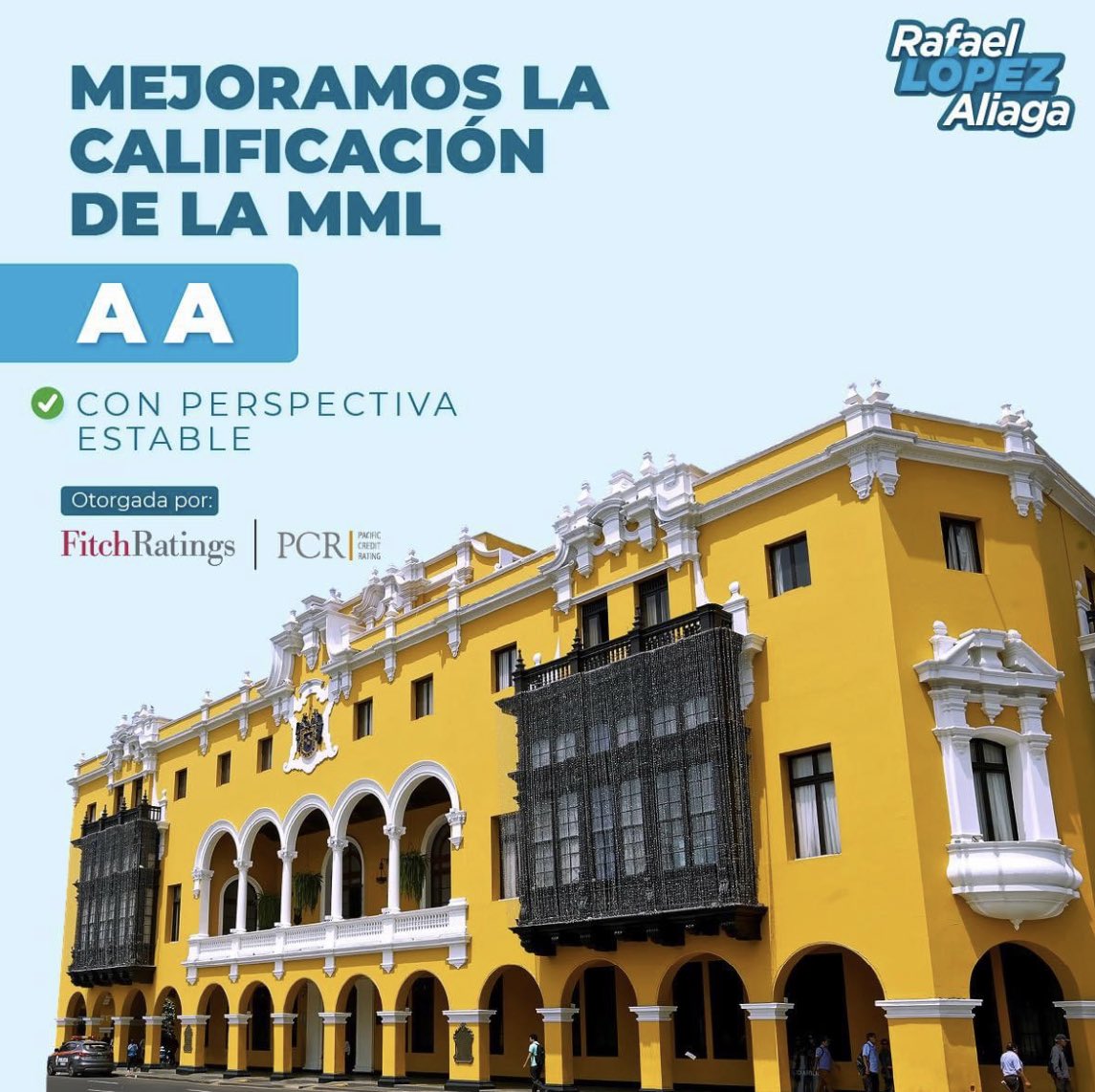 ✅ ¡Hemos obtenido una calificación crediticia de AA con perspectiva estable, muy superior al nivel mínimo que se requiere! 💪🏼

Evaluación basada principalmente en la eficiencia del gasto corriente, el incremento de sus resultados operativos y la reducción de la deuda pública.