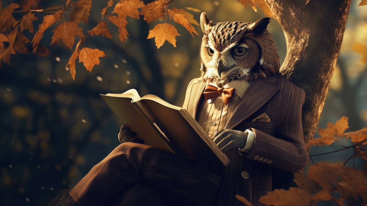 A 4K ultra hd wallpaper of a sophisticated owl wearing a bowtie and reading a book while perched on a tree branch in a park filled with animals dressed in stylish clothing
 #Owl #Birdofprey #Bird #Animal #Tree #Screechowl #Outdoor
 Download links on the comments