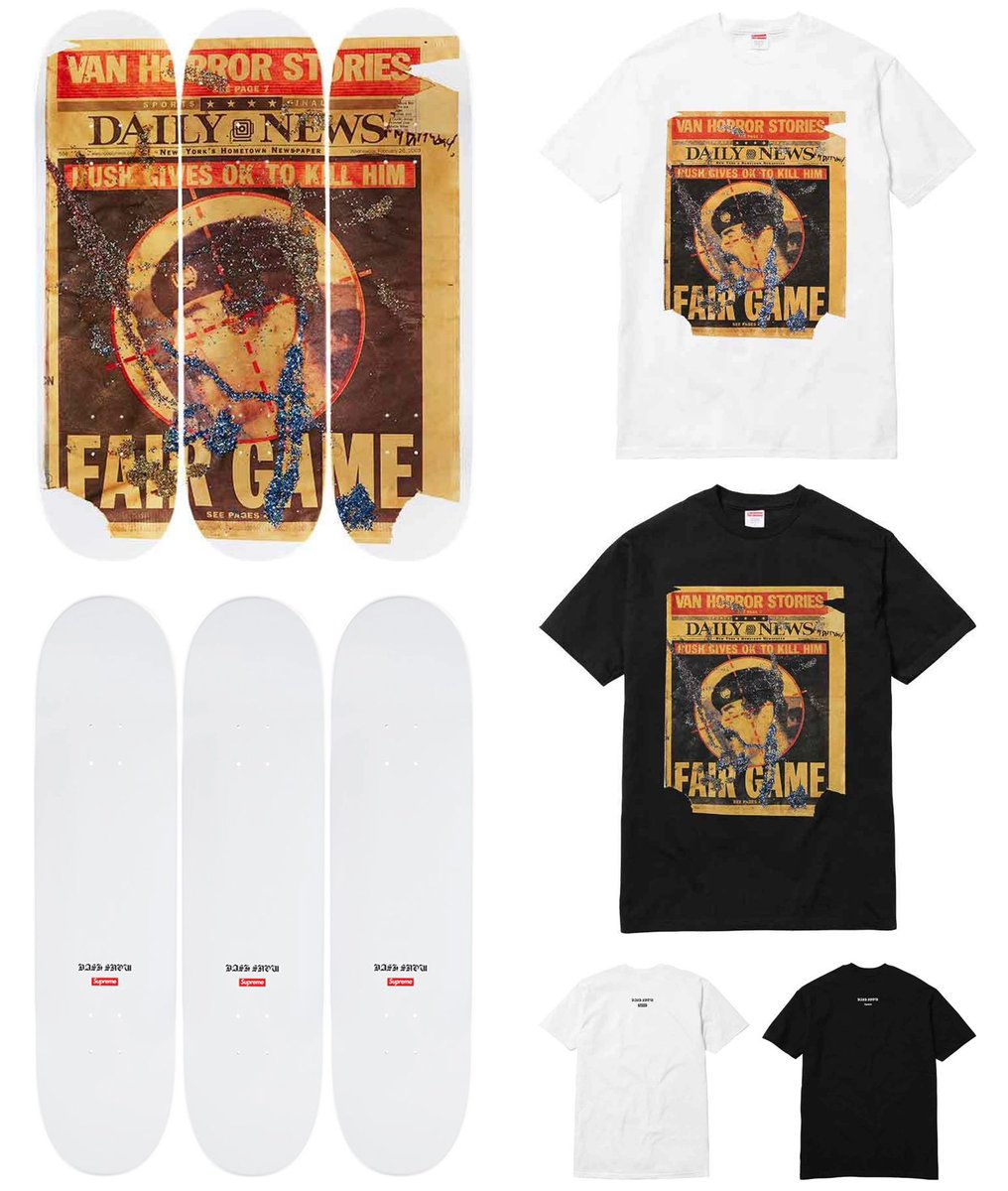 09/06/2016
Dash Snow/Supreme 

•Supreme released a series of three limited edition skateboard decks and a t-shirt featuring artwork by Dash Snow. 

•Saddam Glitter Cum Series, Vol 1 
•Dash Snow Tee
