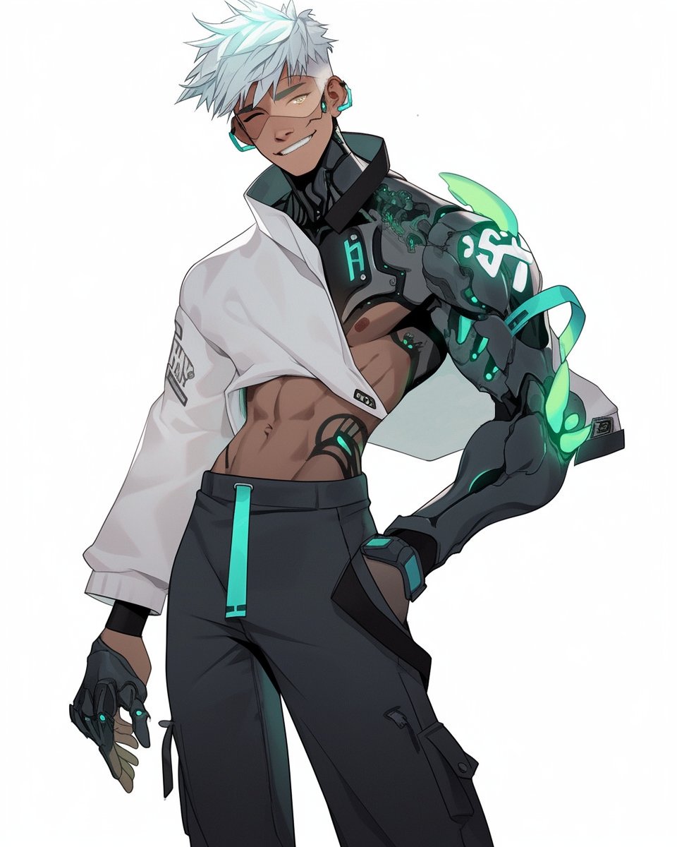 Nitoreto96's tweet photo. ✨inspired by picrew ✨🔷Cyberboy🔷

#Cyberpunk2077 #cyberpunk  #scifi #midjourney #nijijourney #expressive #cyberarm #robotic #smile #wink #tannedboy #anime #animeboy #Abs #AnimeArt #digitalart #ai #aiart #future #aesthetic #Overwatch #Overwatch2 #OC https://t.co/D7oWuKQuQJ