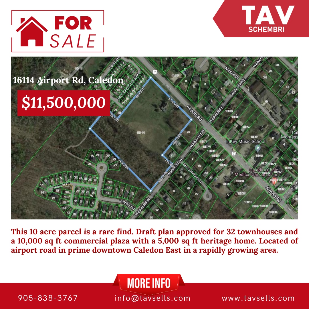 🏠🌳🏙️ Rare 10-acre parcel with a draft plan approved for 32 townhouses, a 10,000 sq ft commercial plaza, and a 5,000 sq ft heritage home.

🚀🌟 Located in rapidly growing Caledon East, perfect for developers!

 #realestate #development #investment #CaledonEast