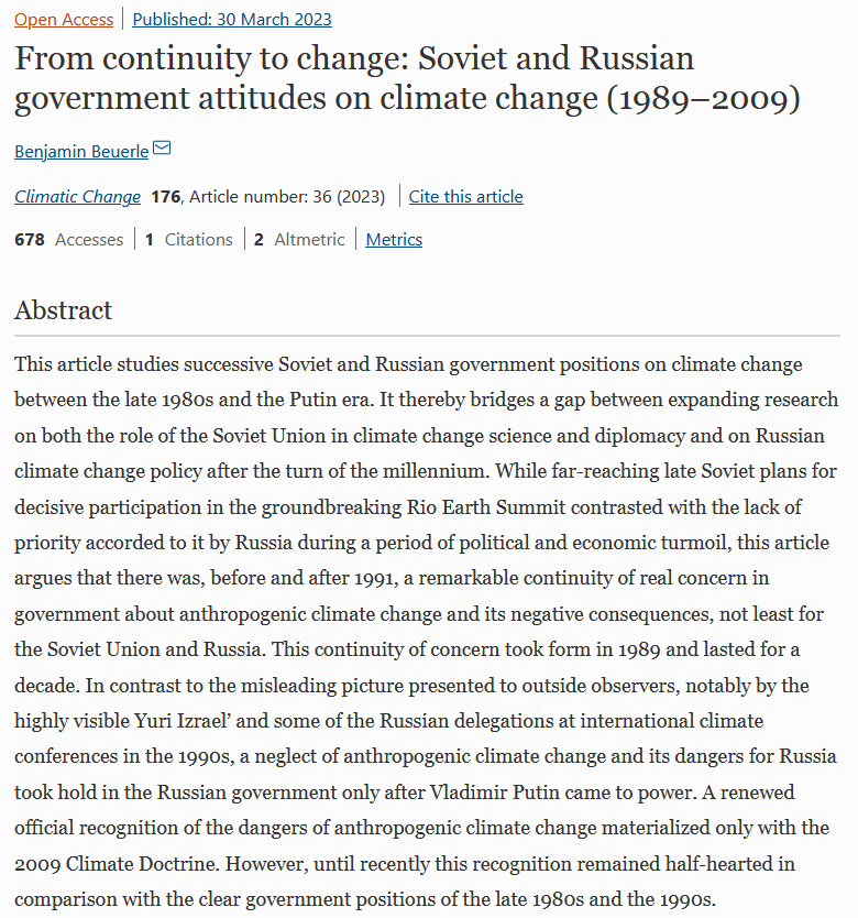 The Russians were serious about climate change, notably between 1989 and 1999 before Putin came into power. 

Important paper by Benjamin Beuerle. 

link.springer.com/article/10.100…