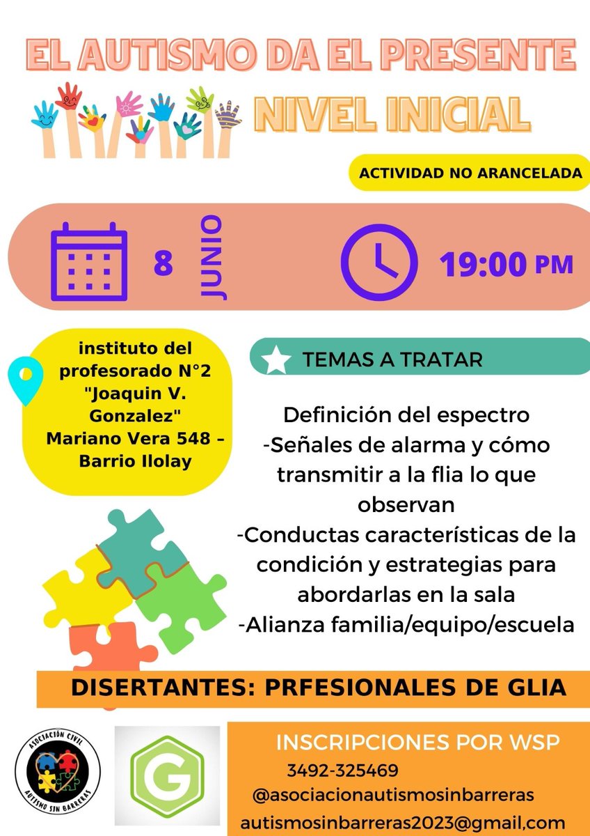 Asociación civil "Autismo sin Barreras", con la colaboración del "instituto Glia" llevarán adelante la capacitación " EL AUTISMO DA EL PRESENTE, NIVEL INICIAL" 
Destinada a docentes de nivel inicial y estudiantes avanzados. 
( Con previa inscripción)