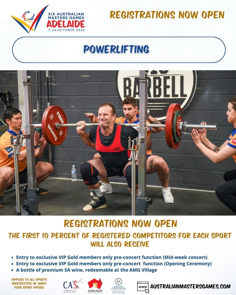 Set your reps, work out your intensity, get off the bench and power your way to register POWERLIFTING IS NOW OPEN!
#XploreIndulgeXceed #amg2023 #AustralianMastersGames #Adelaide #SportforAll #SeeSouthAustralia #EventsSouthAustralia #ConfederationofAustralianSport