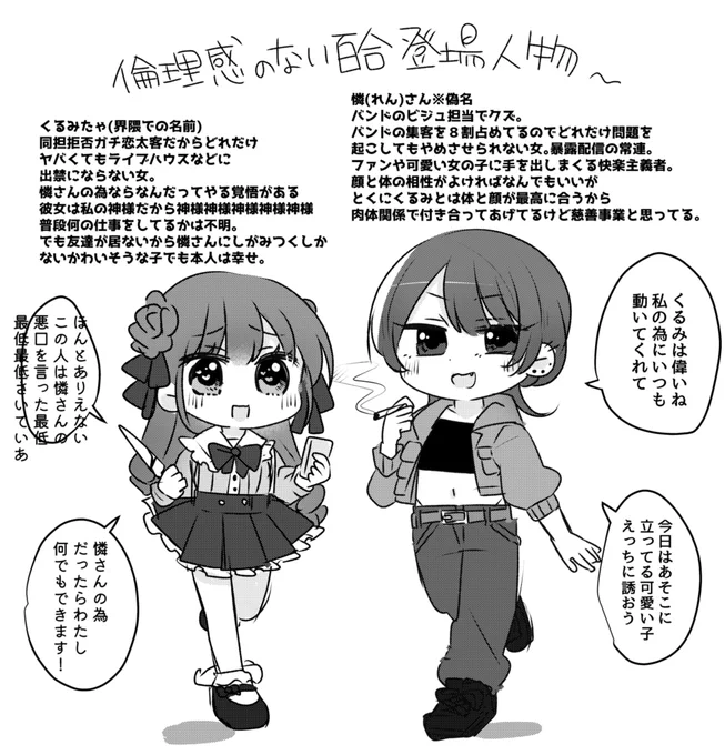 折角ならとおもい倫理観が欠如してる百合シリーズに出てくる女達の設定を置いておきます…つ 二枚目は暴露配信で晒される憐さん