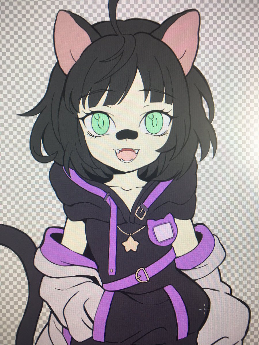 1girl animal ears black hair solo green eyes tail fangs  illustration images