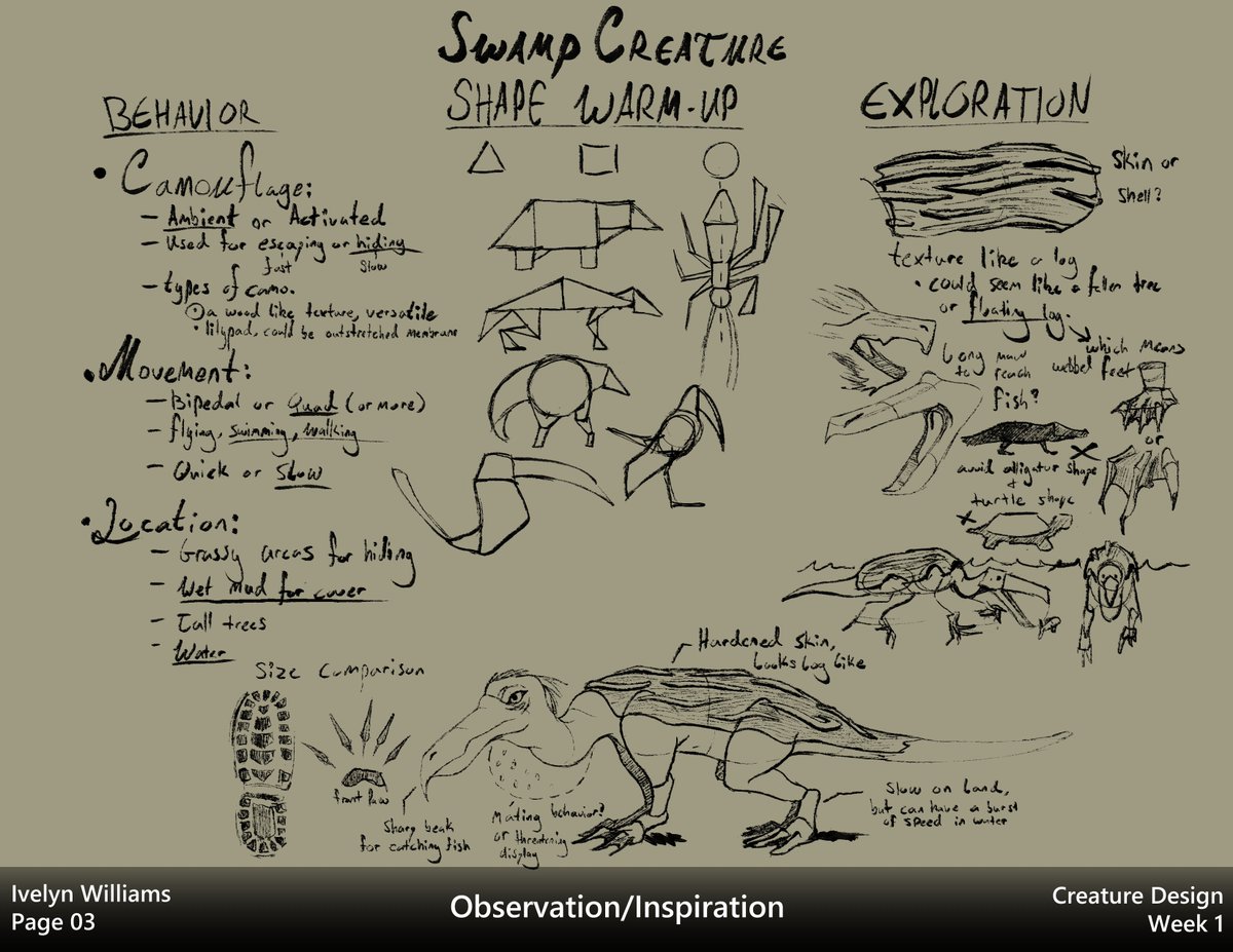 ivyyersinia's tweet image. My pages from the first week of the Creature Design class taught by peterhanstyle (instagram). I went to Phinizy Swamp Nature Park here in Augusta and it was pretty fun to just watch and observe. Excited for the rest of the class!

#dynamicsketching #creaturedesign #digitalart