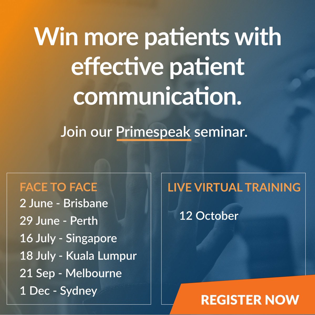 PrimePractice's tweet image. Join the Primespeak 1-day seminar for dental patient communications training. Boost patient experience, case acceptance, and retention. Loved by thousands of clinicians worldwide, this world-class program is coming to a city near you.
Learn more bit.ly/3oJ3XhT