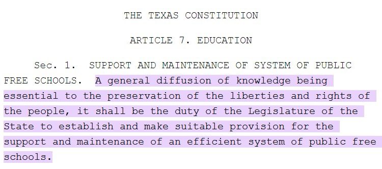 Regardless of whether @GovAbbott praises (he should) or despises (he should NOT) public school teachers, the fact is TX State Constitution requires the state legislature support local public schools. Anything otherwise (defunding/vouchers) is a dereliction of duty! #txed #txlege