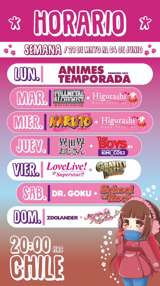 Kimicos1's tweet photo. Horario de la semana del 29 dd Mayo al 04 dd Junio!!

RT = cofrecito https://t.co/xmWKbRGjHy