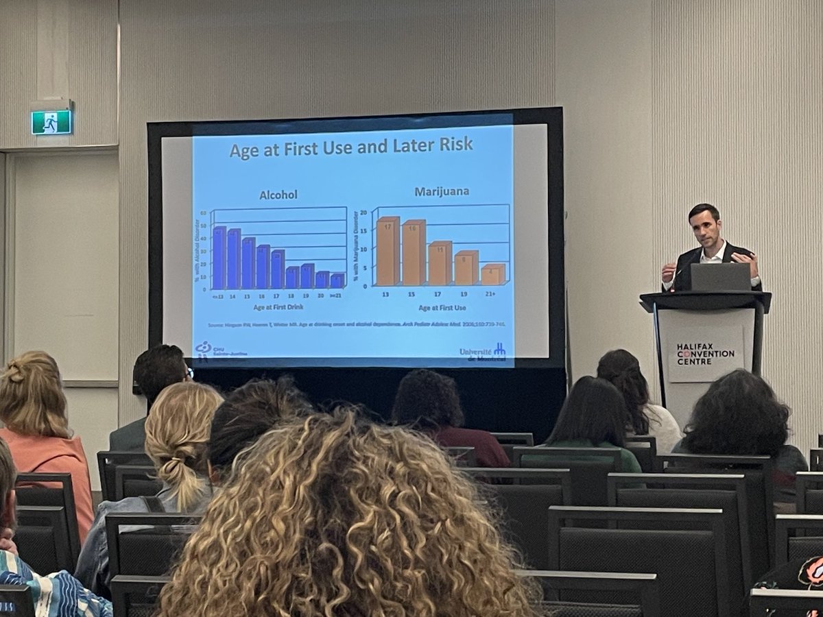 Dr ⁦@nicholaschadi⁩ wowed the crowd during his talk about substance use ⁦@CanPaedSociety⁩ #CPS100. This slide was especially powerful 👇🏾. The younger a person is at first use of marijuana, the higher likelihood of developing substance use disorder.