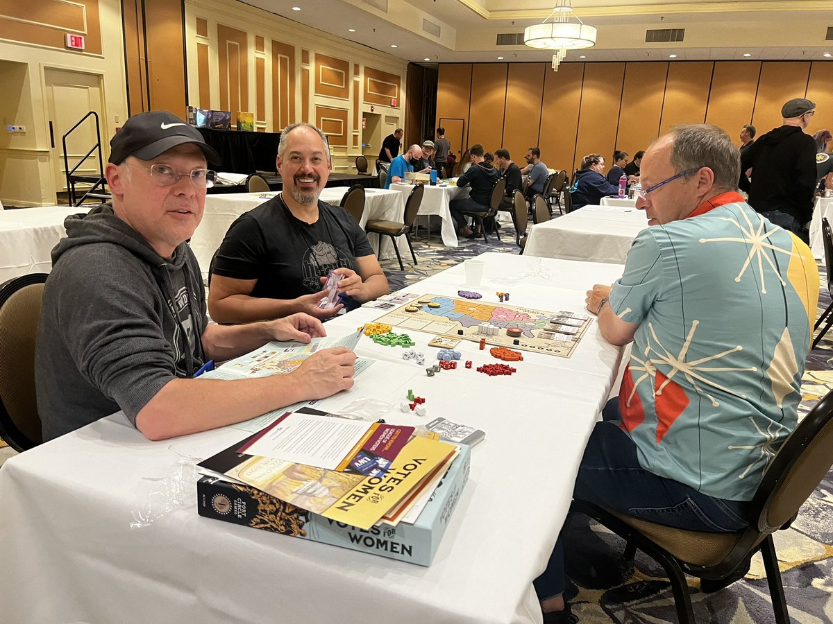 HeavyCardboard's tweet photo. Love seeing Votes for Women by @torylynn being played at #heavycon6 alongside Bus, SpaceCorp 2025-2300AD, and Flamecraft 🔥 https://t.co/a575Ds0NwN