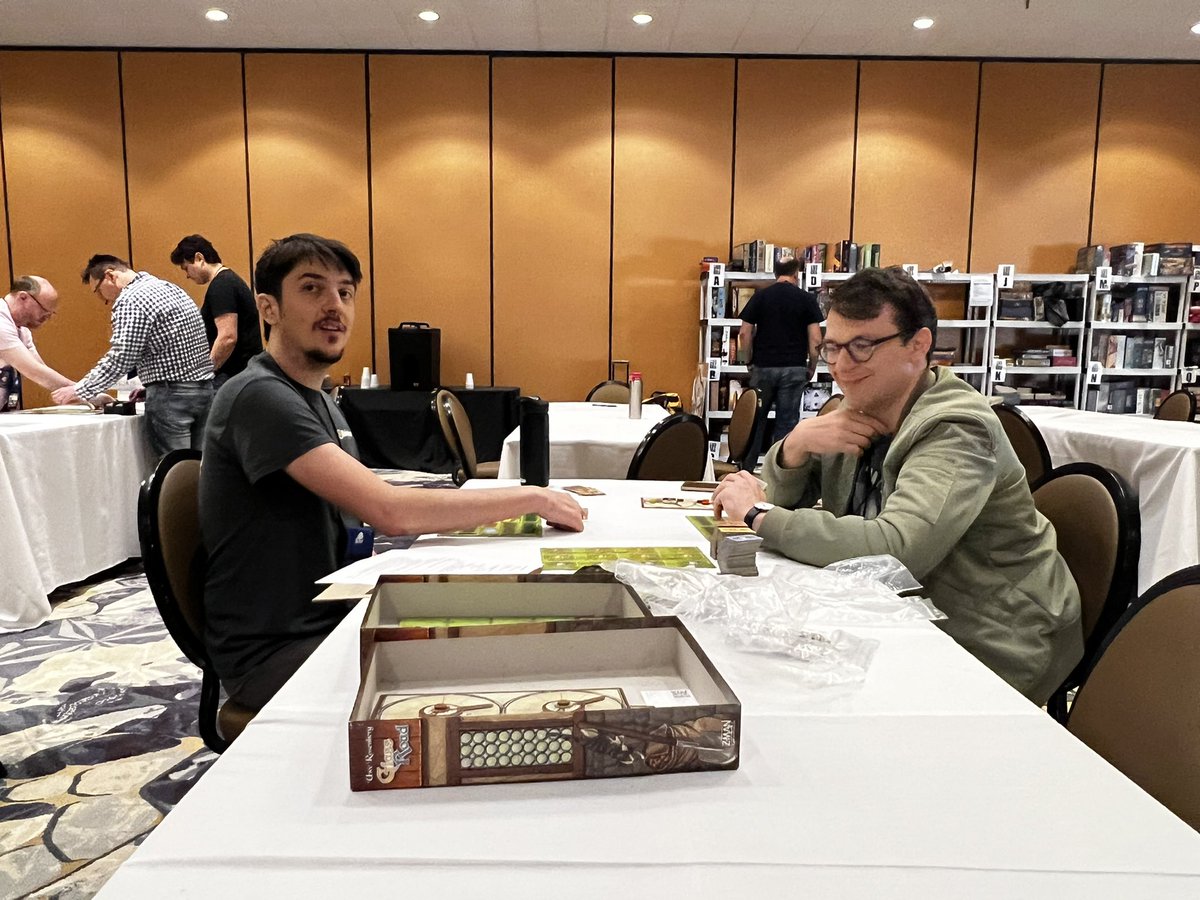 HeavyCardboard's tweet photo. Ginkgopolis hitting the table again, Indonesia getting started, Lacuna escapes from its tubular game box, and some Glass Road gets a spin. - at #heavycon6 https://t.co/efUmkq8d16