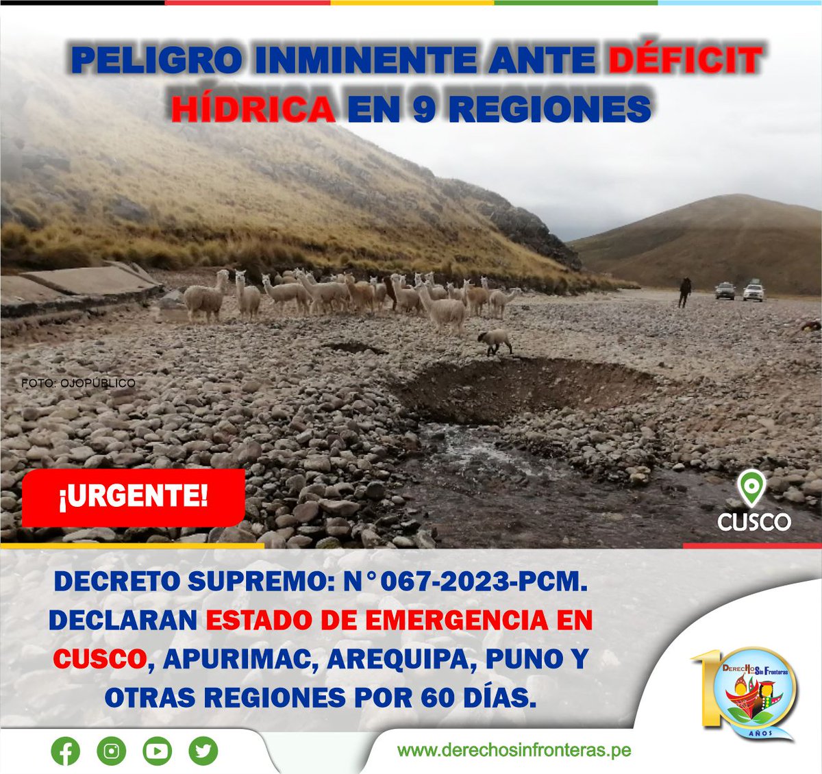 #CUSCO: 29M 
D.S N°067-2023-PCM. En Cusco, el #EstadoDeEmergencia por 60 días en distritos de las Prov. de Chumbivilcas, Espinar, Paruro, Canchis, Urubamba, Anta, Canas, Acomayo, Paucartambo y Quispicanchis, deben ejecutarse medidas eficientes en favor de la población vulnerable