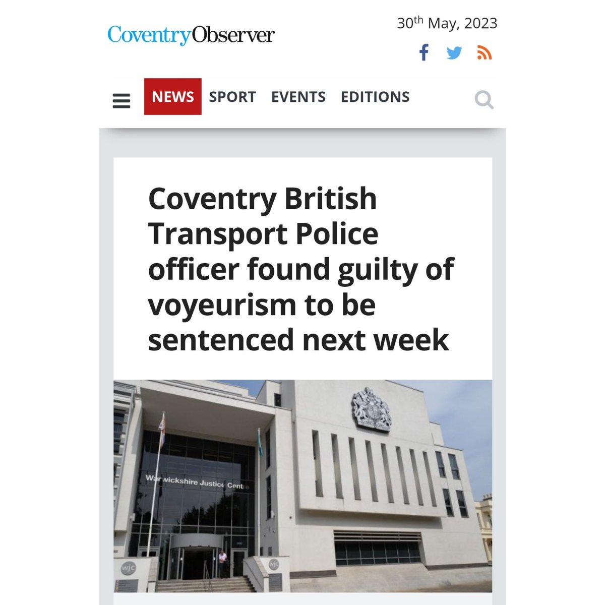 Coventry British Transport Police officer found guilty of voyeurism to be sentenced next week.

coventryobserver.co.uk/news/coventry-…

#Coventry #BritishTransportPolice #Voyeurism #ACAB