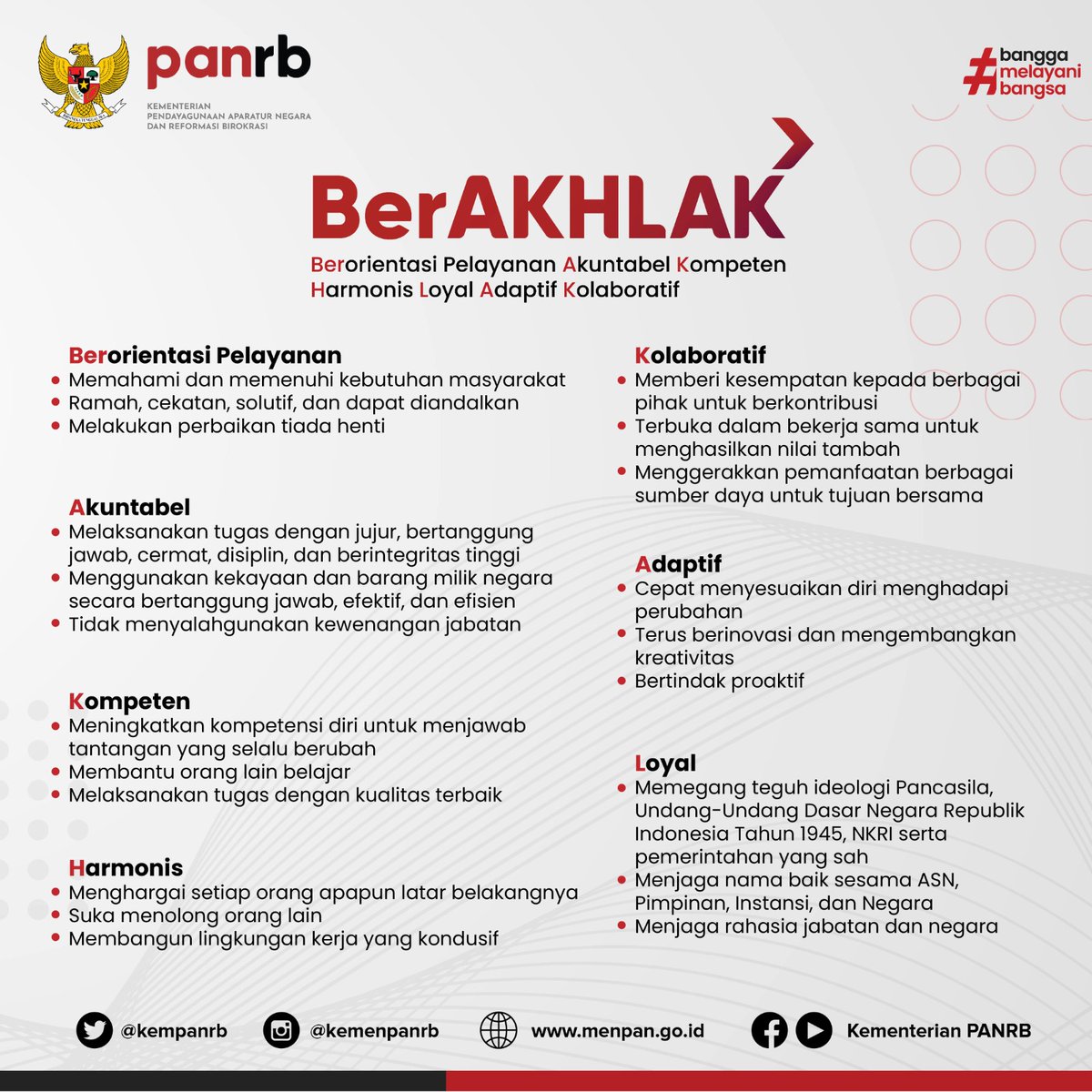 #Repost @kemenpanrb 
---
#RekanASN, Presiden telah menetapkan satu core values bagi seluruh Aparatur Sipil Negara. Core values BerAKHLAK menjadi fondasi perubahan berlandaskan Pancasila dalam rangka mencapai visi dan misi Indonesia Maju. Seperti apa penjabaran BerAKHLAK tersebut?