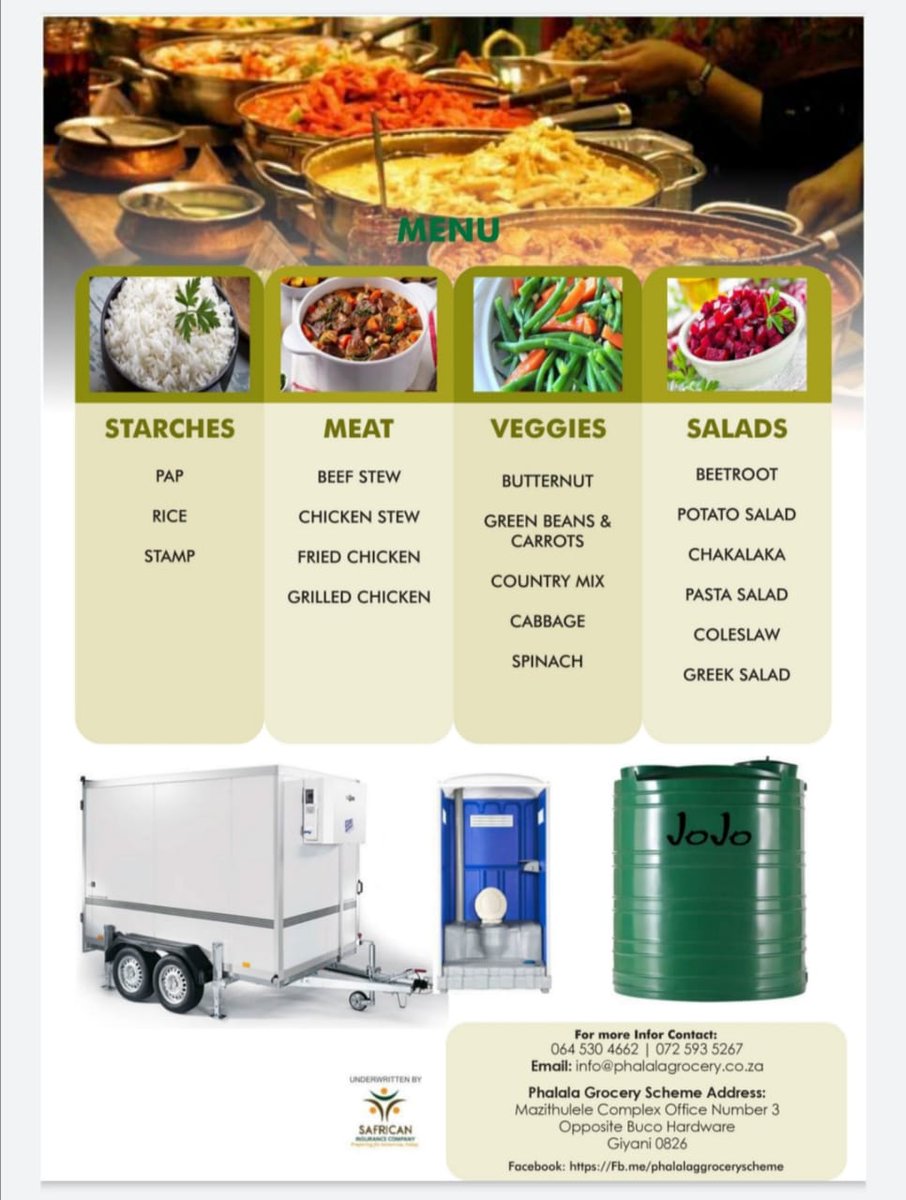 phalalagrocerys's tweet photo. Funeral catering easy and affordable
From R200 a month you can get your loved ones coverd.
for more info contact us 010 005 5922, 015 280 0575,064 530 4662 or info@phalalagrocery.co.za or https://t.co/y0FPRbQ3bG
#phalalagroceryscheme #funeralcateringservice #neverstandalone https://t.co/ClKnZThfix