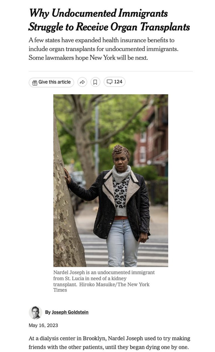 "Why Undocumented Immigrants Struggle to Receive Organ Transplants" <a href="/nytimes/">The New York Times</a> 

nytimes.com/2023/05/16/nyr…

Introduced <a href="/NYSenate/">New York State Senate</a> bill will:

"[expand] available public medical assistance for #kidneytransplant to include undocumented persons"

Support it here:
nysenate.gov/legislation/bi…