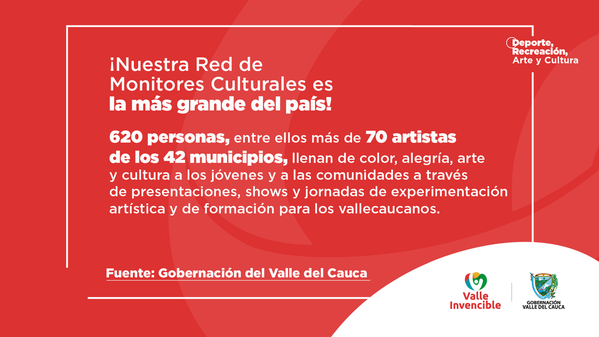 El arte y la cultura llenan cada rincón de los 42 municipios del #ValleInvencible de la mano de la Red de Monitores Culturales del Valle. 🎶💃🏻🕺🏻