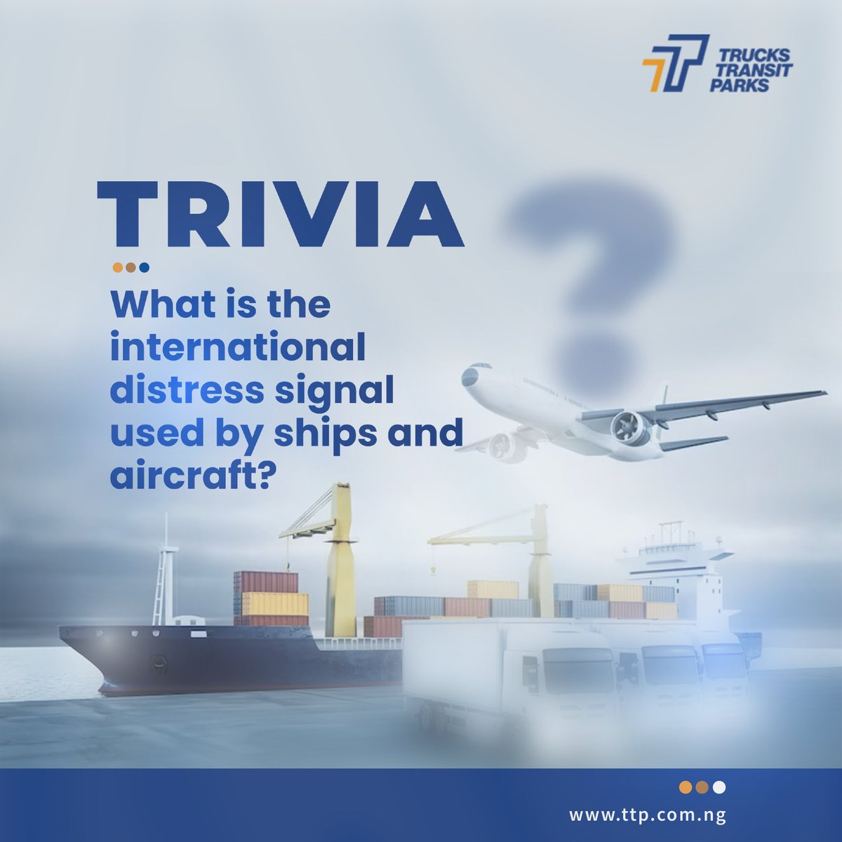 Can you answer this trivia? 🤔 What is the internationally recognized distress signal used by ship and aircraft? 🚢✈ 

Drop your answer below and let's see who gets it right! 🌟

#ttp #Trivia #tuesdaytrivia #distresssignal #Maritime #aviation