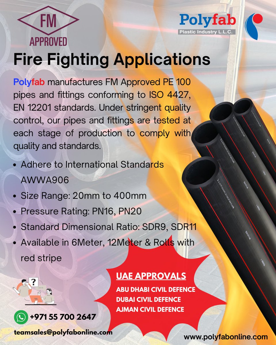 polyfabonline's tweet photo. Fire Fighting Applications

#Polyfab, We manufacture FM Approved PE 100 Pipes &amp; Fittings conforming to ISO 4427, EN 12201 standards. Under stringent quality control, our pipes and fittings are tested at each stage of production to comply with quality and standards.
#FMapproved https://t.co/9J1DjLpJzi